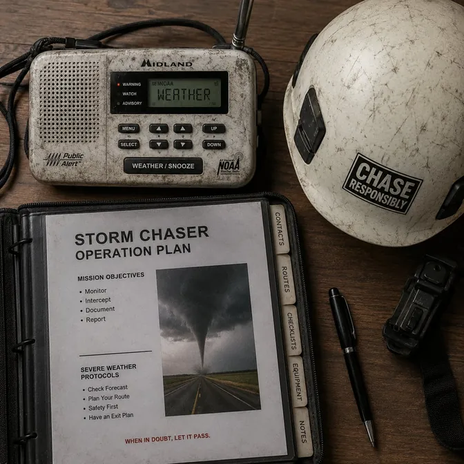NOAA weather radio, helmet and field binder laid out on a table