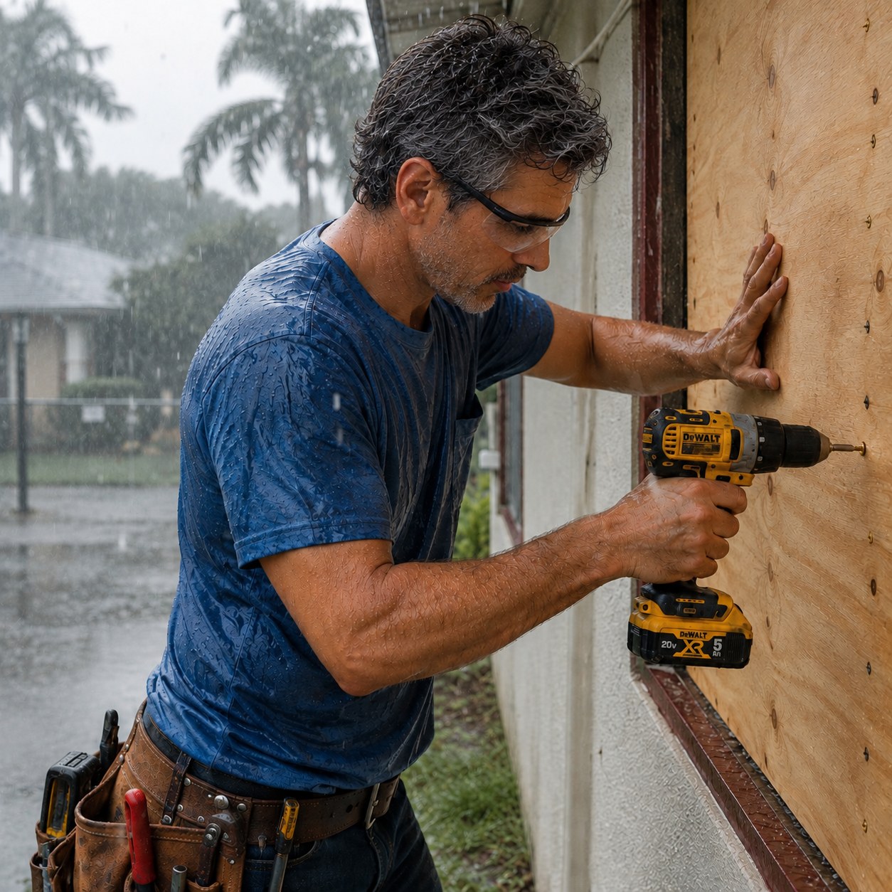 Paul Raymond fastening plywood window protection in driving rain
